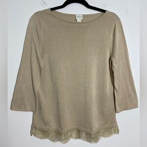 Chicos Size Medium/ 1 Tan Sweater 3/4 Sleeve Lace Trim Lightweight Boat Neck